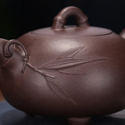 Handmade Bamboo Teapot Suit for Drink, Yixing Raw Ore, Purple Clay, Three-Legged Drinkware, Chinese Culture
