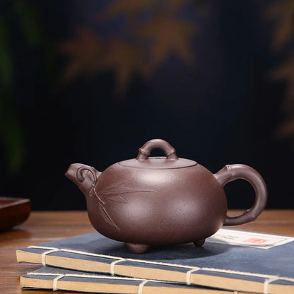 Handmade Bamboo Teapot Suit for Drink, Yixing Raw Ore, Purple Clay, Three-Legged Drinkware, Chinese Culture