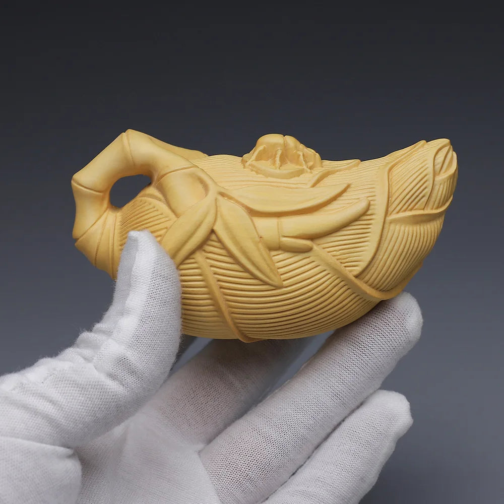 Handmade Bamboo Teapot for Home Decoration, Carved Wood Decor, Chinese Boxwood Crafts, Statue Sculptures, Feng Shui Ornaments