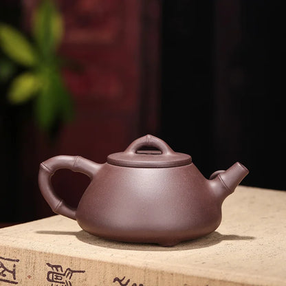 Handmade Bamboo Teapot with Stone Scoop, Zisha Teapot, Handmade Pot, Kung-Fu Teaware, Purple Clay, Drinkware for Puer, Green, Bl