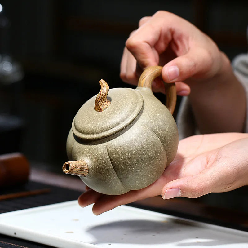 Handmade Bean Green Eggplant Pot, Zisha Teapot, Yixing Handmade Pot, Kung-Fu Teaware, Purple Clay Drinkware for Puer Green