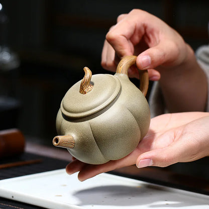 Handmade Bean Green Eggplant Pot, Zisha Teapot, Yixing Handmade Pot, Kung-Fu Teaware, Purple Clay Drinkware for Puer Green