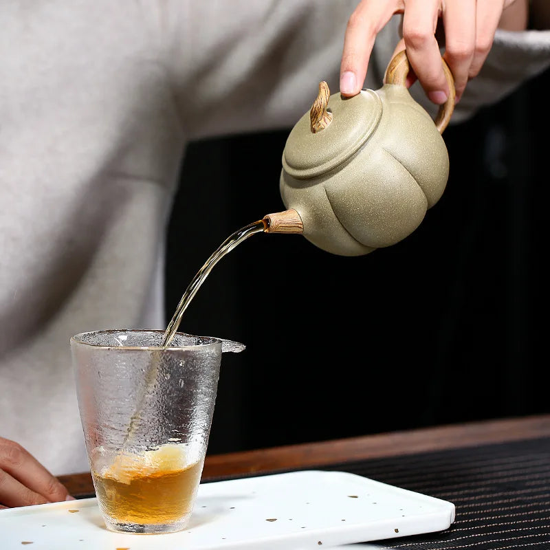 Handmade Bean Green Eggplant Pot, Zisha Teapot, Yixing Handmade Pot, Kung-Fu Teaware, Purple Clay Drinkware for Puer Green