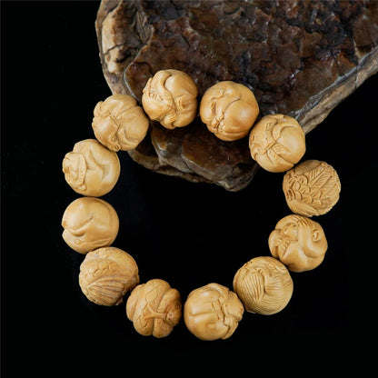Handmade Boxwood Carved Chinese Zodiac Bracelet, Wooden Craft, Feng Shui