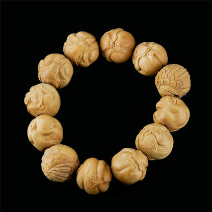 Handmade Boxwood Carved Chinese Zodiac Bracelet, Wooden Craft, Feng Shui