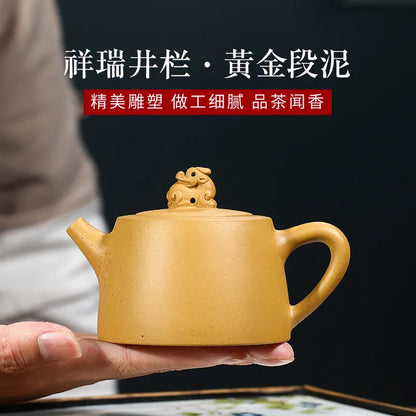 Handmade Carved Purple Clay Teapot, Kung-Fu Teaware, Auspicious Jinglan Zisha, Yixing Handmade Pot, Golden Section