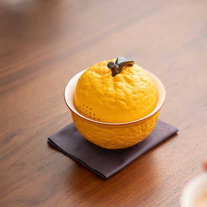 Handmade Ceramic Gaiwan Pottery Tea Bowl Cups Pigmented Orange Shape Tea Tureen Chinese Kungfu Teaware Tea Cup Set
