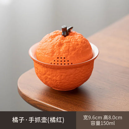 Handmade Ceramic Gaiwan Pottery Tea Bowl Cups Pigmented Orange Shape Tea Tureen Chinese Kungfu Teaware Tea Cup Set