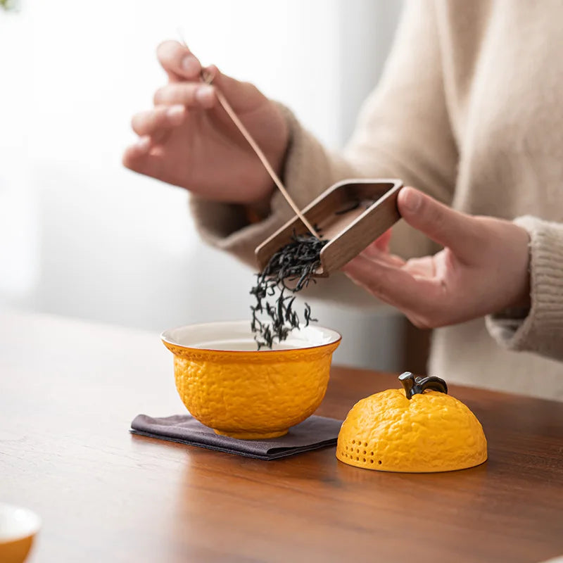 Handmade Ceramic Gaiwan Pottery Tea Bowl Cups Pigmented Orange Shape Tea Tureen Chinese Kungfu Teaware Tea Cup Set