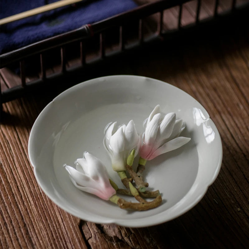 Handmade Ceramic Magnolia Figurines Tea Pet Flower Tea Ceremony & Tea Set Incense Holder Table Decoration Accessories Zen
