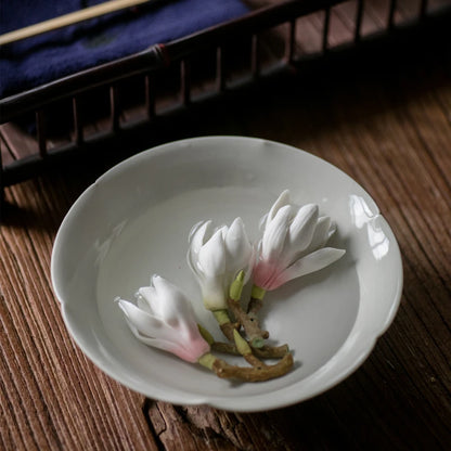 Handmade Ceramic Magnolia Figurines Tea Pet Flower Tea Ceremony & Tea Set Incense Holder Table Decoration Accessories Zen
