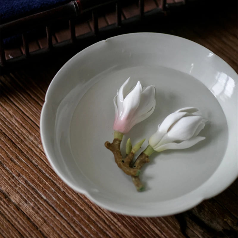 Handmade Ceramic Magnolia Figurines Tea Pet Flower Tea Ceremony & Tea Set Incense Holder Table Decoration Accessories Zen