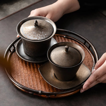 Handmade Ceramic Tea Set Gaiwan Japanese Style Tureen Teacup Rust Sancai Cup Single Large Tea Bowl Teaware Kitchen Dining Bar