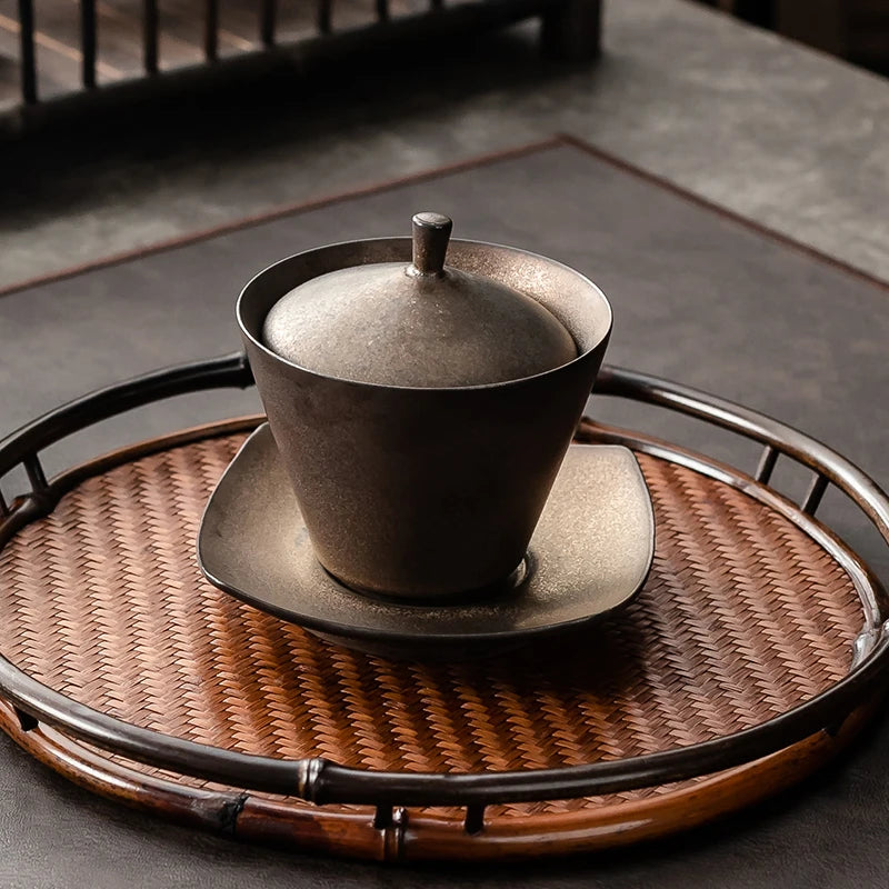 Handmade Ceramic Tea Set Gaiwan Japanese Style Tureen Teacup Rust Sancai Cup Single Large Tea Bowl Teaware Kitchen Dining Bar