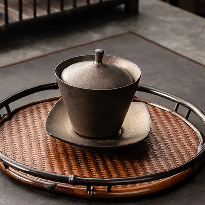 Handmade Ceramic Tea Set Gaiwan Japanese Style Tureen Teacup Rust Sancai Cup Single Large Tea Bowl Teaware Kitchen Dining Bar