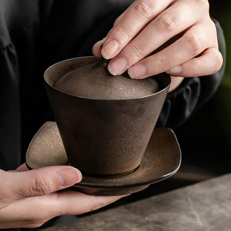 Handmade Ceramic Tea Set Gaiwan Japanese Style Tureen Teacup Rust Sancai Cup Single Large Tea Bowl Teaware Kitchen Dining Bar