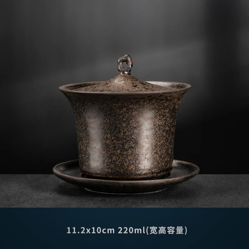 Handmade Ceramic Tea Set Gaiwan Japanese Style Tureen Teacup Rust Sancai Cup Single Large Tea Bowl Teaware Kitchen Dining Bar