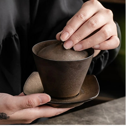 Handmade Ceramic Tea Set Gaiwan Japanese Style Tureen Teacup Rust Sancai Cup Single Large Tea Bowl Teaware Kitchen Dining Bar