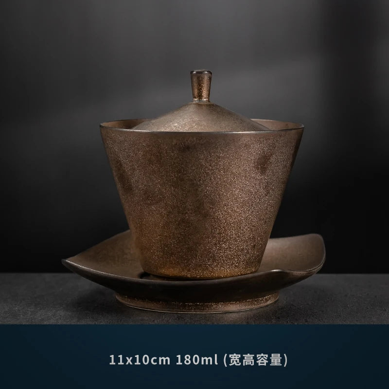 Handmade Ceramic Tea Set Gaiwan Japanese Style Tureen Teacup Rust Sancai Cup Single Large Tea Bowl Teaware Kitchen Dining Bar