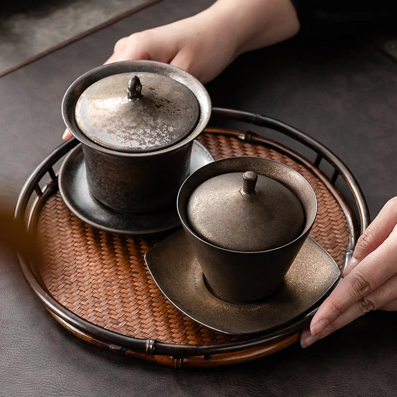 Handmade Ceramic Tea Set Gaiwan Japanese Style Tureen Teacup Rust Sancai Cup Single Large Tea Bowl Teaware Kitchen Dining Bar