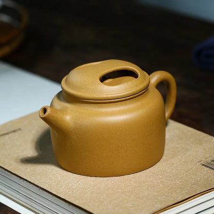 Handmade Clay Kung-Fu Teaware, Cow Lid Pot, Zisha Teapot, Purple Clay Drinkware for Puer Green and Black, Golden Section