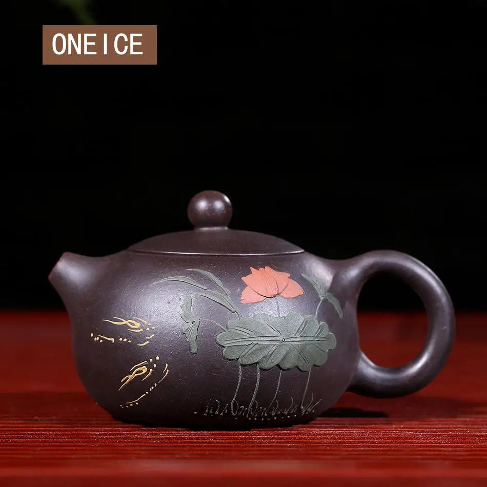 Handmade Colorful Mud Painted Yixing Teapot, Raw Ore Black Mud, Lotus Xi Shi Pot, Purple Clay, 188 Ball Hole, 170ml