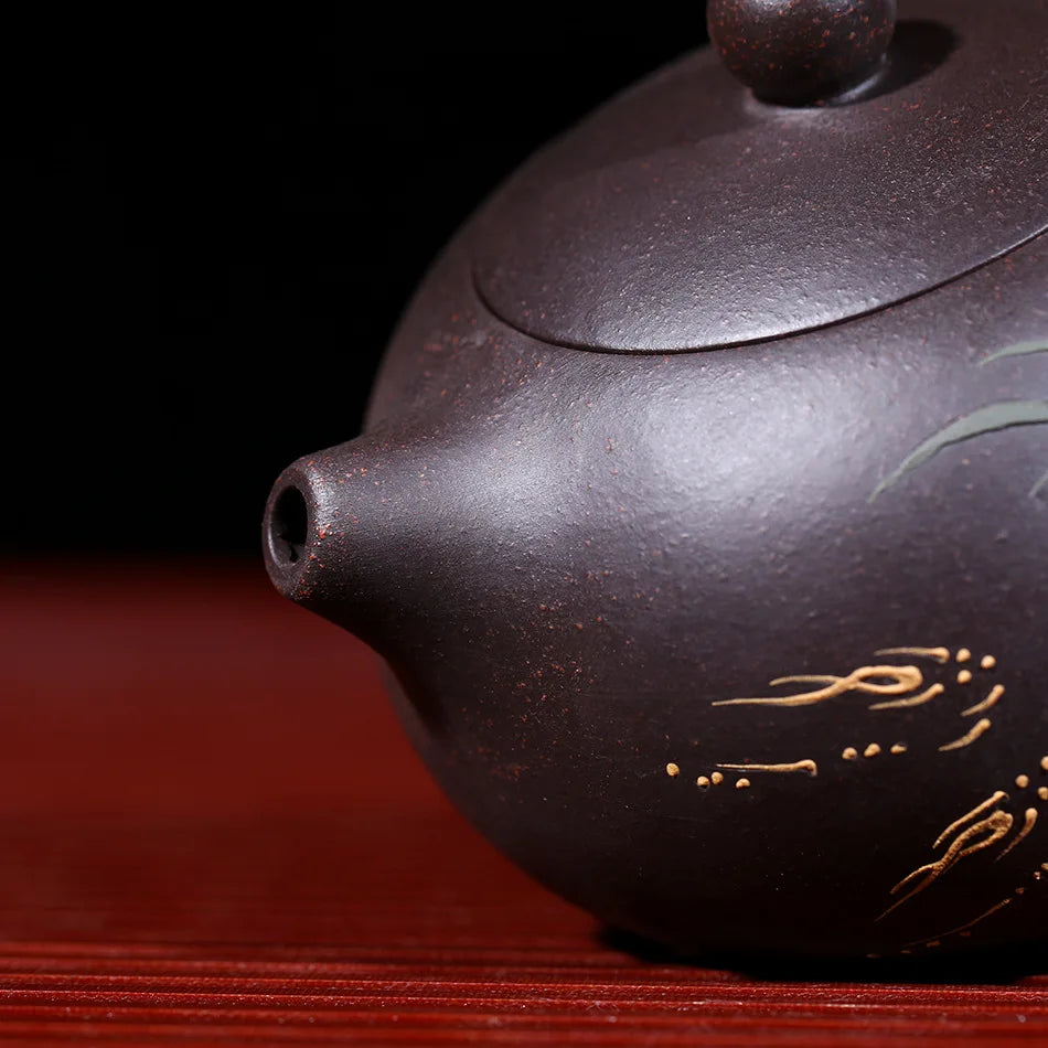 Handmade Colorful Mud Painted Yixing Teapot, Raw Ore Black Mud, Lotus Xi Shi Pot, Purple Clay, 188 Ball Hole, 170ml