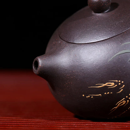 Handmade Colorful Mud Painted Yixing Teapot, Raw Ore Black Mud, Lotus Xi Shi Pot, Purple Clay, 188 Ball Hole, 170ml