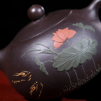 Handmade Colorful Mud Painted Yixing Teapot, Raw Ore Black Mud, Lotus Xi Shi Pot, Purple Clay, 188 Ball Hole, 170ml
