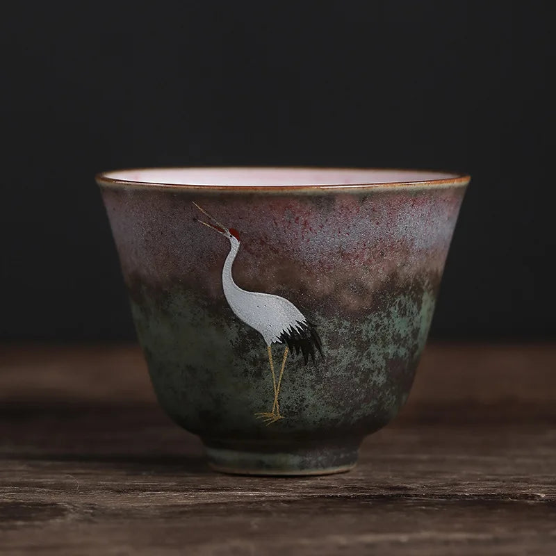 Handmade Crane Tea Cup Stoneware Kiln Roasted Vintage Tea Cup Ceramics Pottery Master Crafted Teaware Kitchen Dining Bar Home