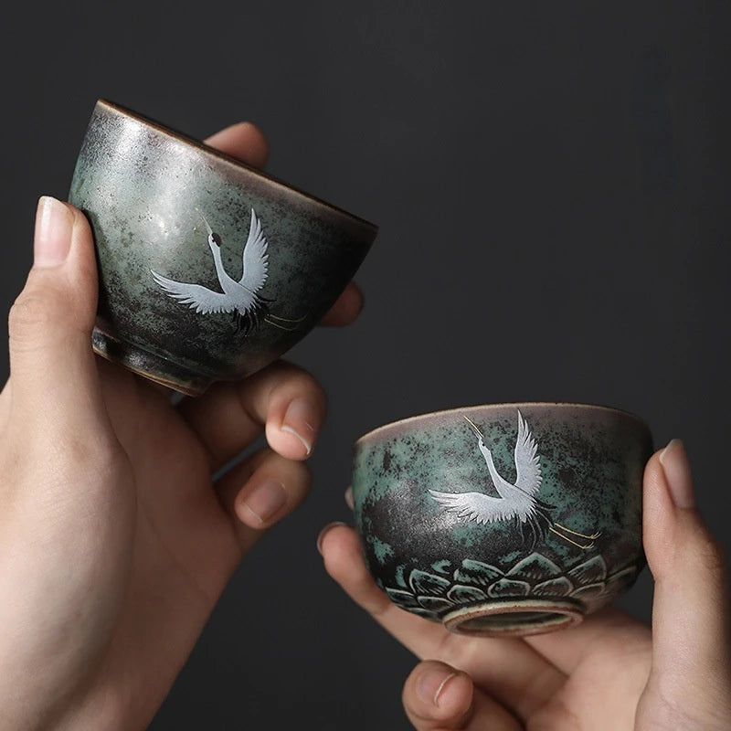 Handmade Crane Tea Cup Stoneware Kiln Roasted Vintage Tea Cup Ceramics Pottery Master Crafted Teaware Kitchen Dining Bar Home