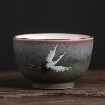 Handmade Crane Tea Cup Stoneware Kiln Roasted Vintage Tea Cup Ceramics Pottery Master Crafted Teaware Kitchen Dining Bar Home
