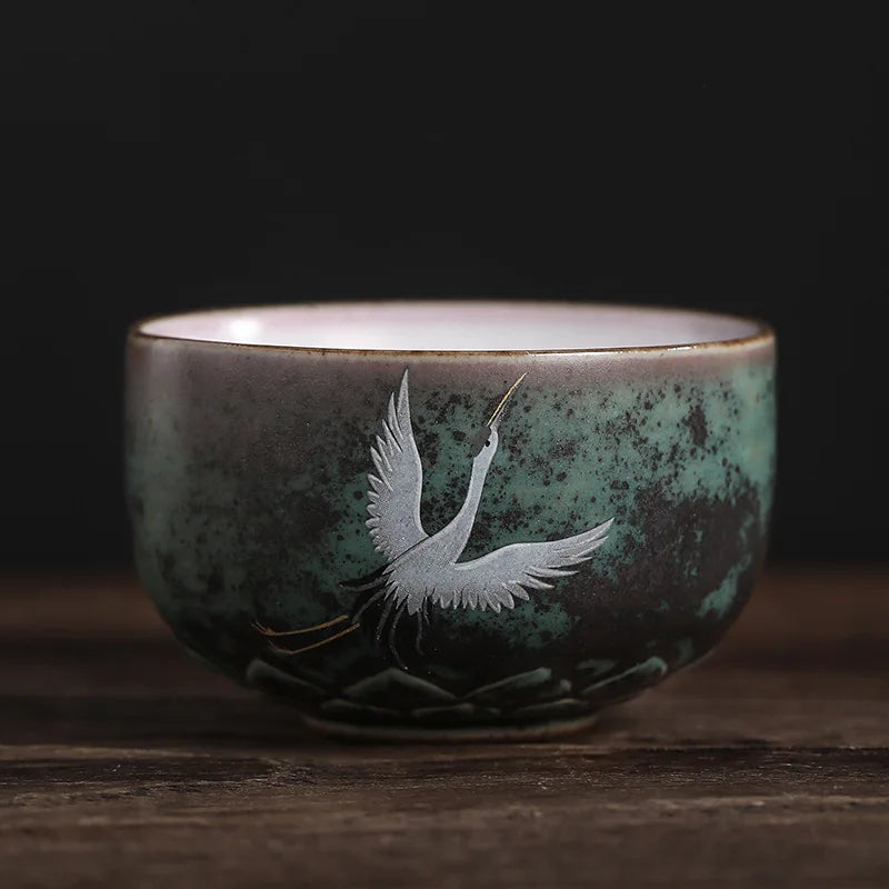 Handmade Crane Tea Cup Stoneware Kiln Roasted Vintage Tea Cup Ceramics Pottery Master Crafted Teaware Kitchen Dining Bar Home