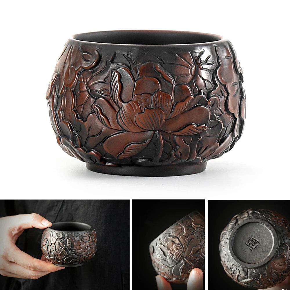 Handmade Embossed Ceramic Tea Set, Kungfu Tea Cup, High End Relief, Master Cup, Single Water Cup, Purple Clay