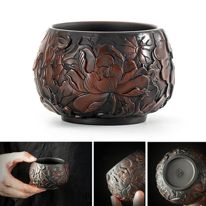 Handmade Embossed Ceramic Tea Set, Kungfu Tea Cup, High End Relief, Master Cup, Single Water Cup, Purple Clay