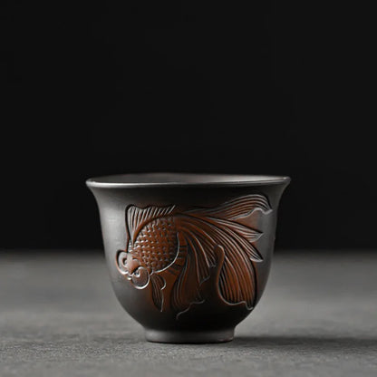 Handmade Embossed Ceramic Tea Set, Kungfu Tea Cup, High End Relief, Master Cup, Single Water Cup, Purple Clay
