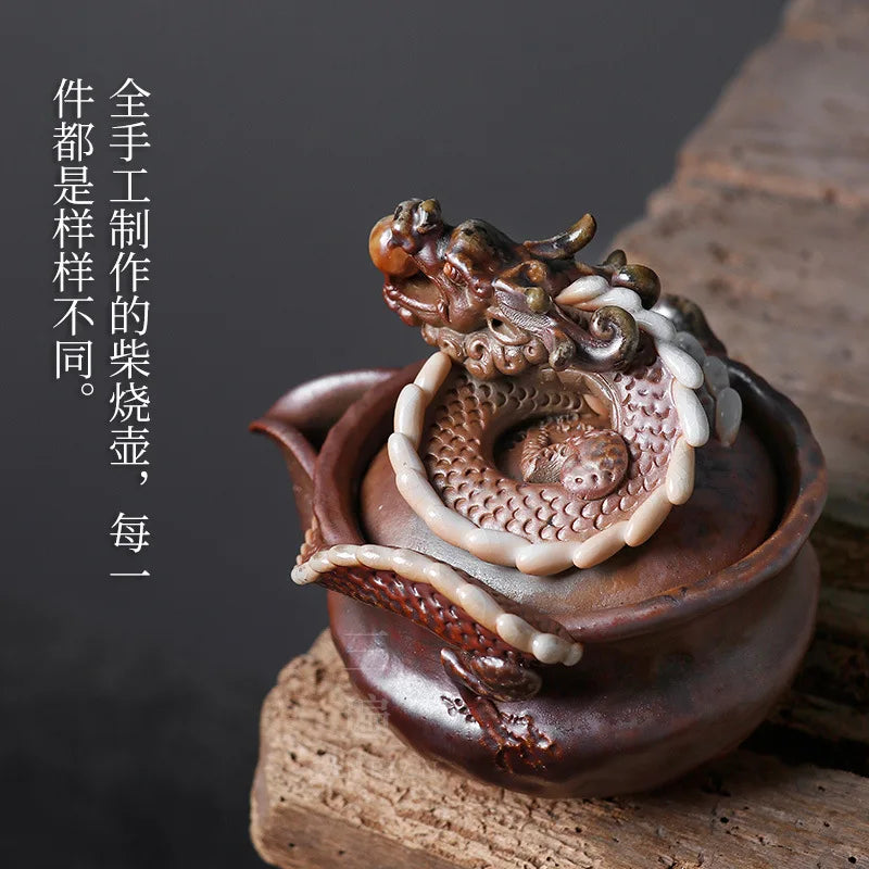 【Handmade】Firewood Aquarius Pot Japanese Handmade Clay Pile Carved Tea Set Weng Village Works