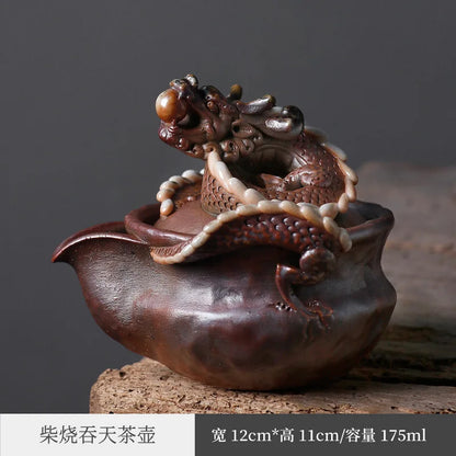 【Handmade】Firewood Aquarius Pot Japanese Handmade Clay Pile Carved Tea Set Weng Village Works