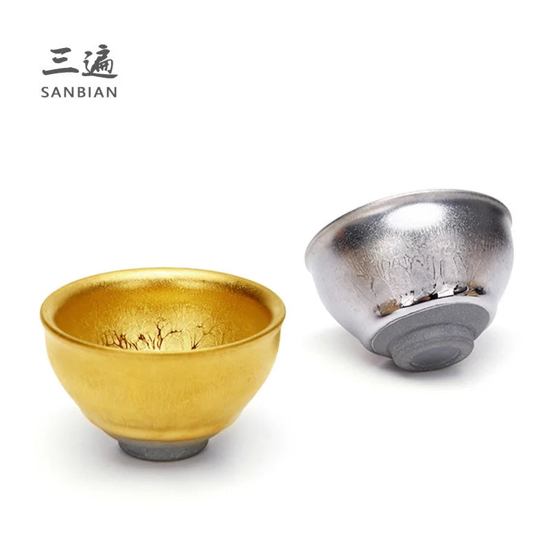 Handmade Gilding Jian Zhan Teacup Temmoku Cup Gold Oil Drops Master Cup Single Cup Kung Fu Tea Cup Single Yellow Small Golden