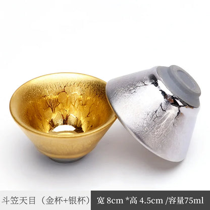 Handmade Gilding Jian Zhan Teacup Temmoku Cup Gold Oil Drops Master Cup Single Cup Kung Fu Tea Cup Single Yellow Small Golden