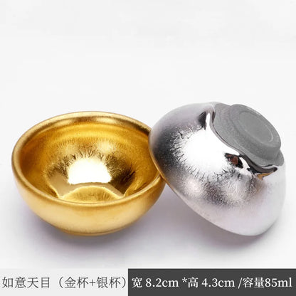 Handmade Gilding Jian Zhan Teacup Temmoku Cup Gold Oil Drops Master Cup Single Cup Kung Fu Tea Cup Single Yellow Small Golden