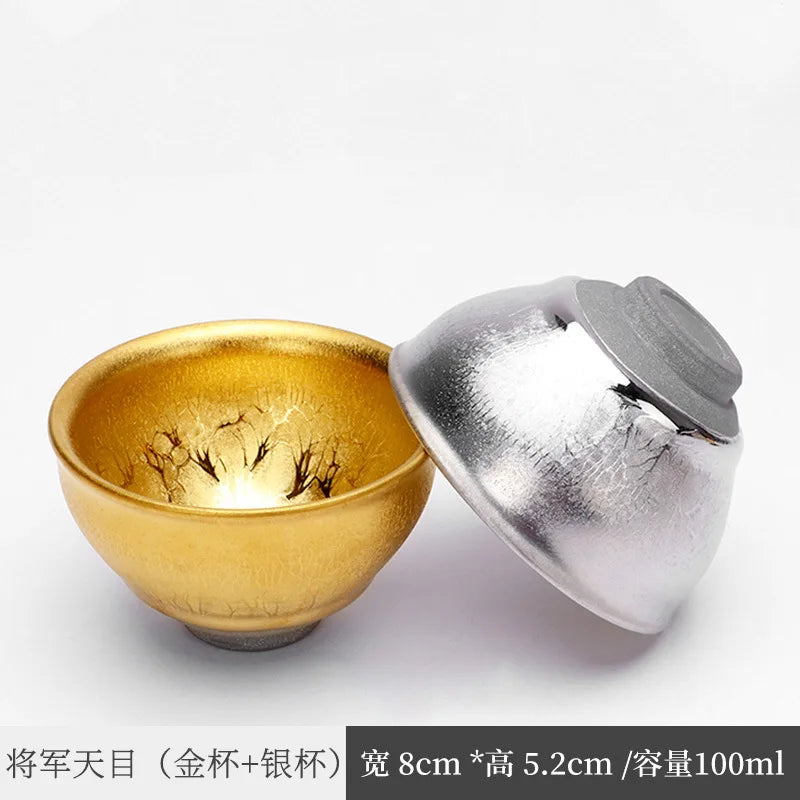 Handmade Gilding Jian Zhan Teacup Temmoku Cup Gold Oil Drops Master Cup Single Cup Kung Fu Tea Cup Single Yellow Small Golden