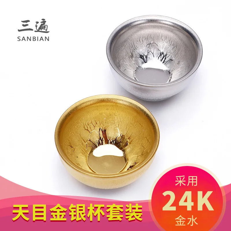Handmade Gilding Jian Zhan Teacup Temmoku Cup Gold Oil Drops Master Cup Single Cup Kung Fu Tea Cup Single Yellow Small Golden