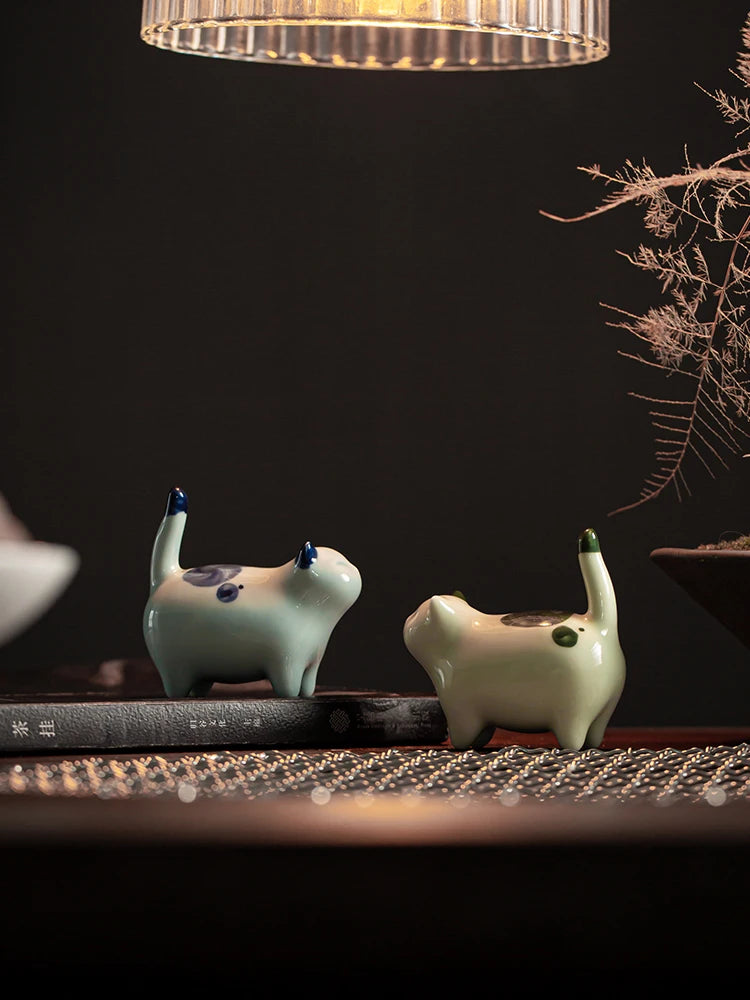 Handmade  Home office Decor small ceramic Cat Toy Kung Fu tea set ceremony tea ornament Figure Kitty Tea Pet Kung Fu Tea Pet