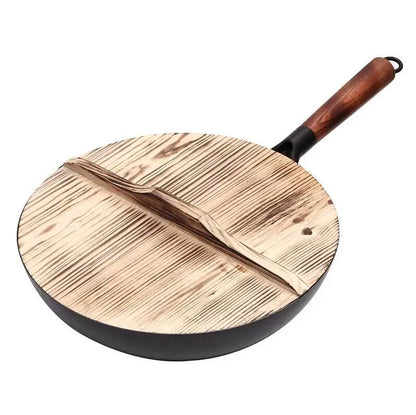 Handmade Iron Pot 32CM Frying Pan Uncoated Health Wok Non-Stick Pan Gas Stove Induction Cooker Universal Wood Cover Iron Wok
