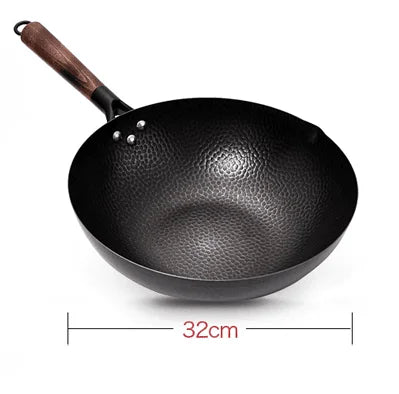 Handmade Iron Pot 32CM Frying Pan Uncoated Health Wok Non-Stick Pan Gas Stove Induction Cooker Universal Wood Cover Iron Wok