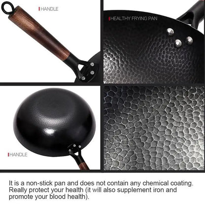 Handmade Iron Pot 32CM Frying Pan Uncoated Health Wok Non-Stick Pan Gas Stove Induction Cooker Universal Wood Cover Iron Wok