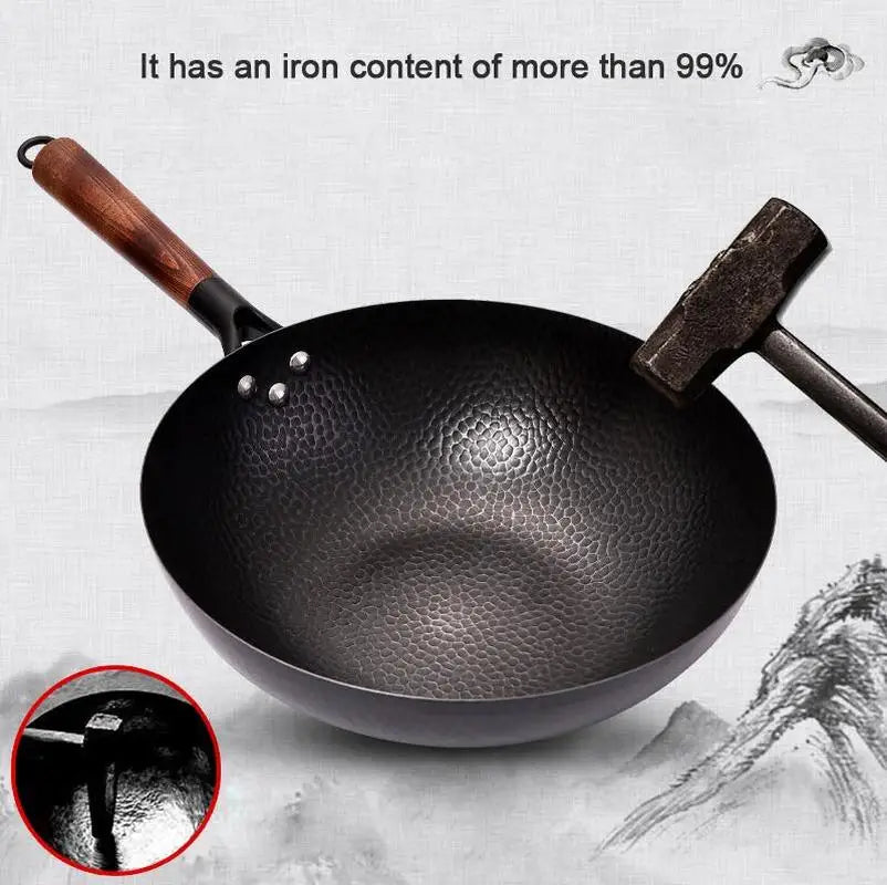 Handmade Iron Pot 32CM Frying Pan Uncoated Health Wok Non-Stick Pan Gas Stove Induction Cooker Universal Wood Cover Iron Wok