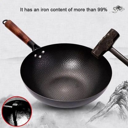 Handmade Iron Pot 32CM Frying Pan Uncoated Health Wok Non-Stick Pan Gas Stove Induction Cooker Universal Wood Cover Iron Wok