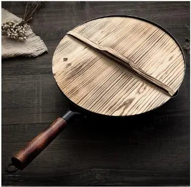 Handmade Iron Pot 32CM Frying Pan Uncoated Health Wok Non-Stick Pan Gas Stove Induction Cooker Universal Wood Cover Iron Wok